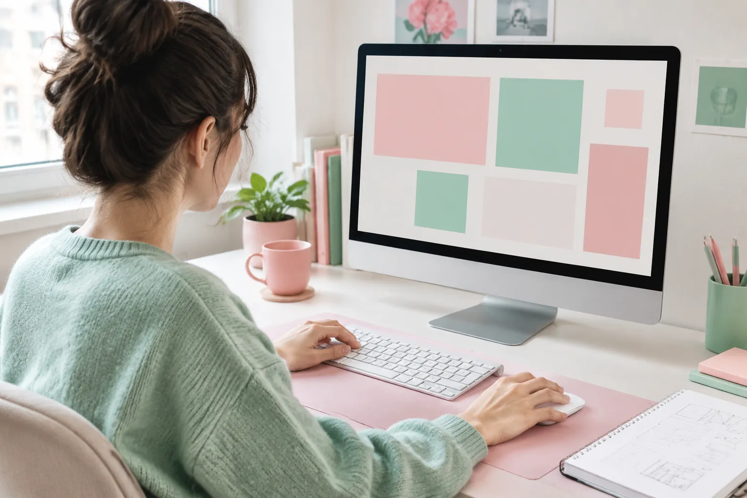 Femme travaillant sur ordinateur, bureau pastel et carnet d’esquisses