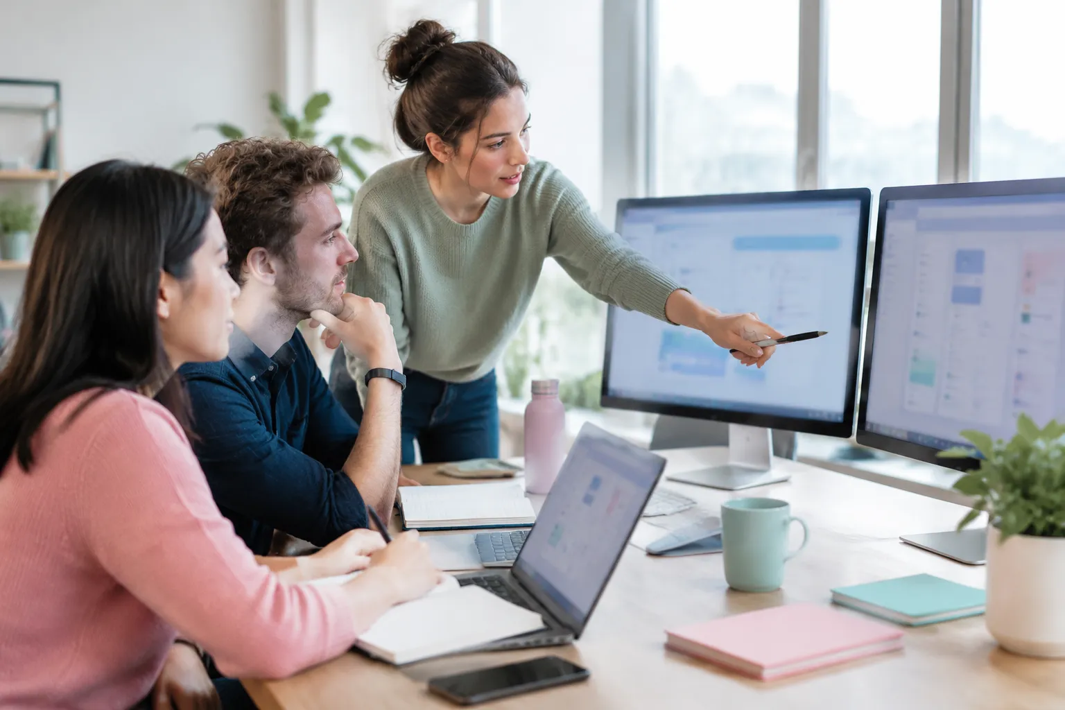 Équipe discutant devant des écrans d’ordinateur au bureau