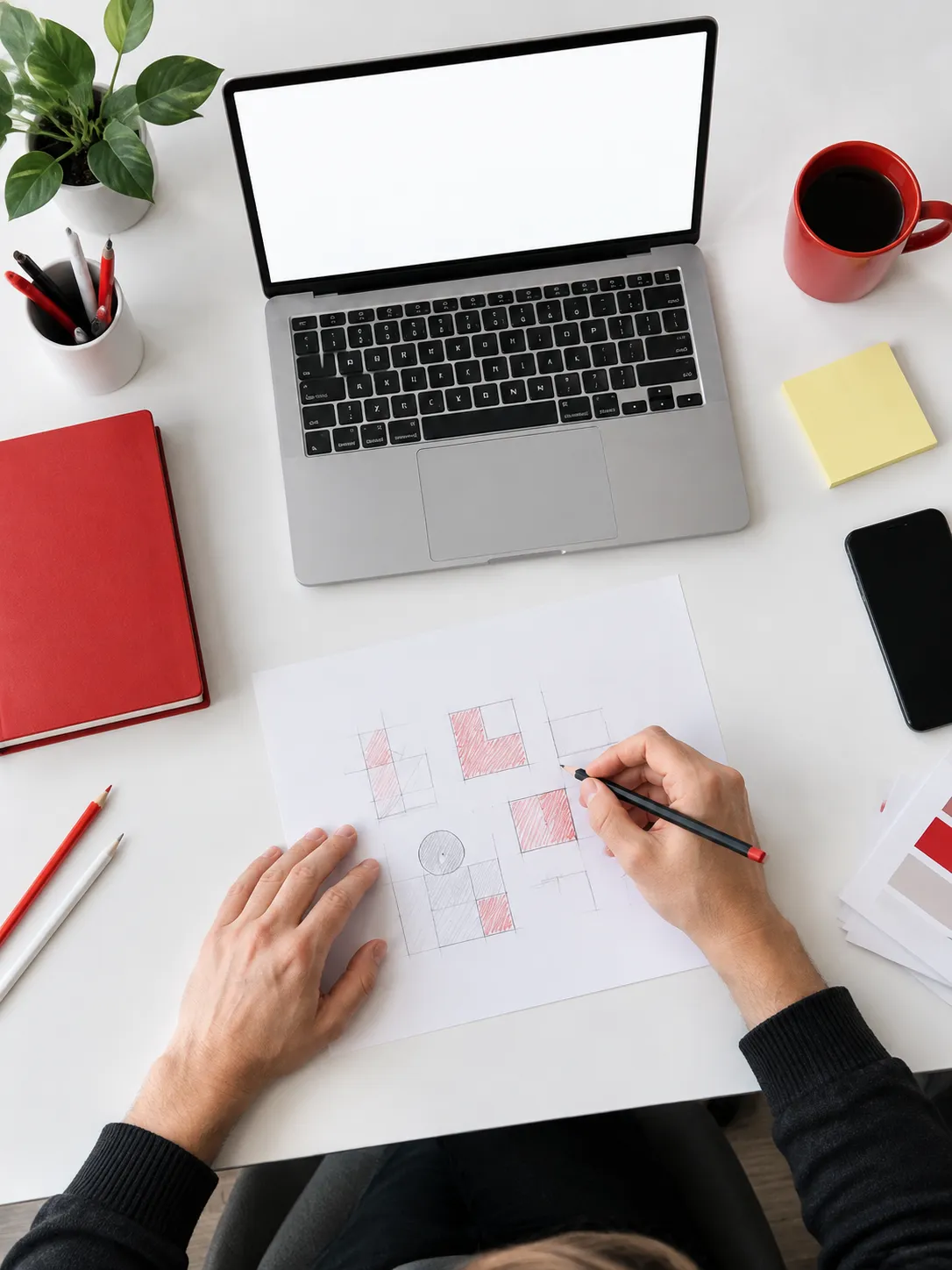 Bureau avec ordinateur portable, plan architectural, tasse et fournitures.
