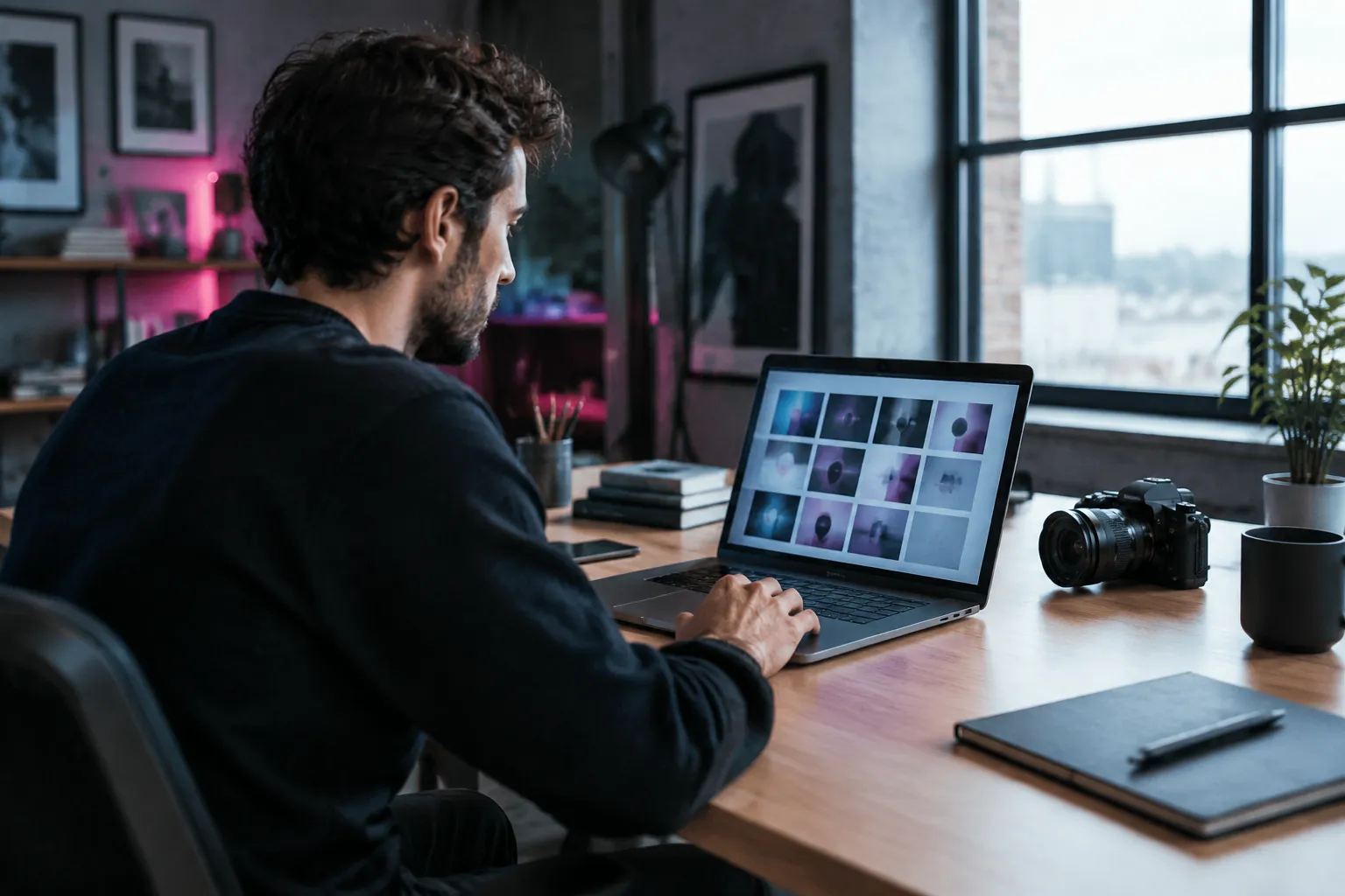 Photographe retouche des images sur ordinateur portable, appareil photo à côté